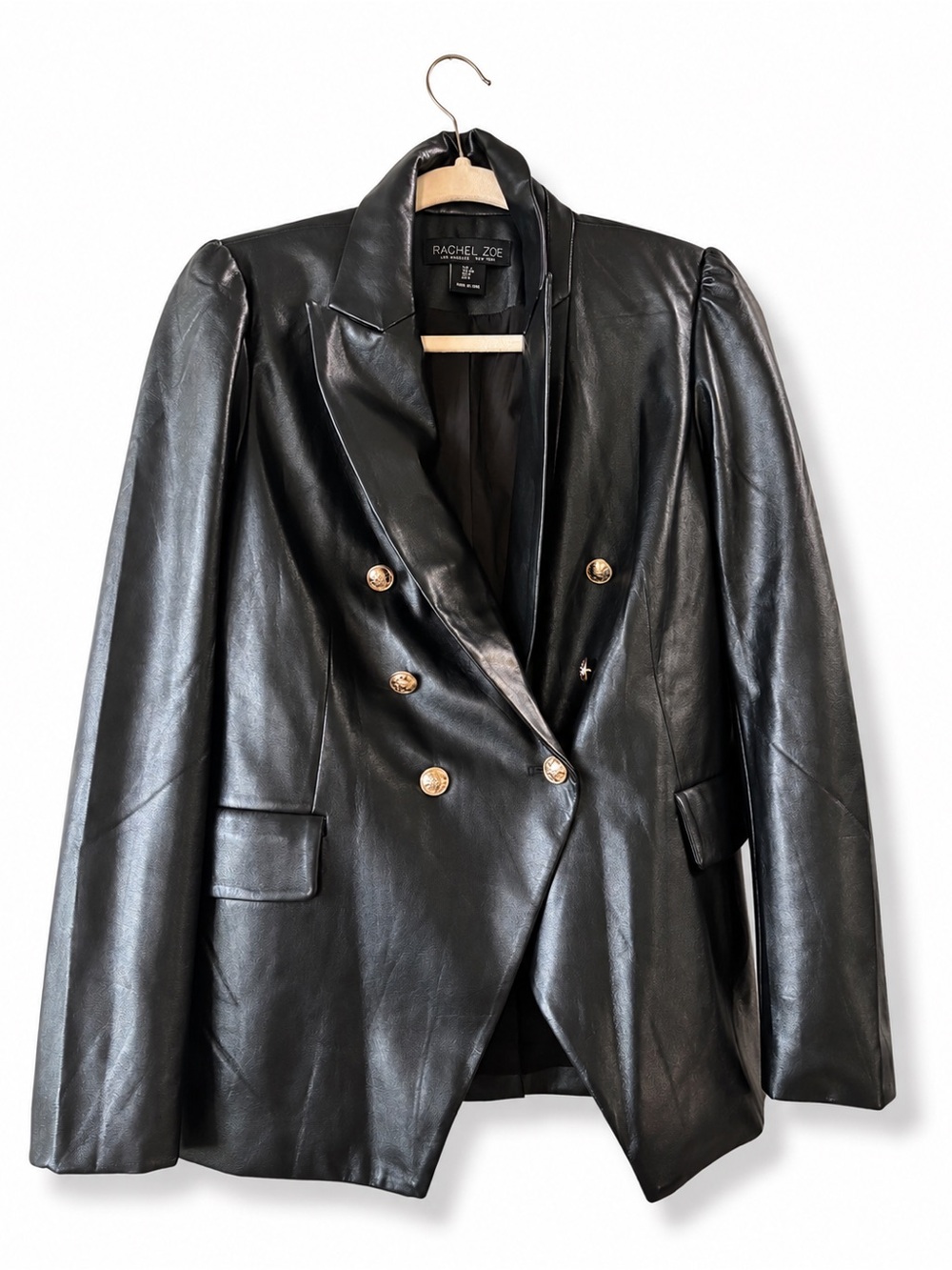 Rachel Zoe Black Double-Breasted Leather Jacket with Gold Buttons